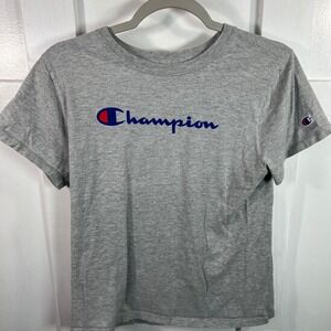 Champion Ladies Script Logo Graphic T-Shirt Heather Grey Short Sleeve Sz Medium